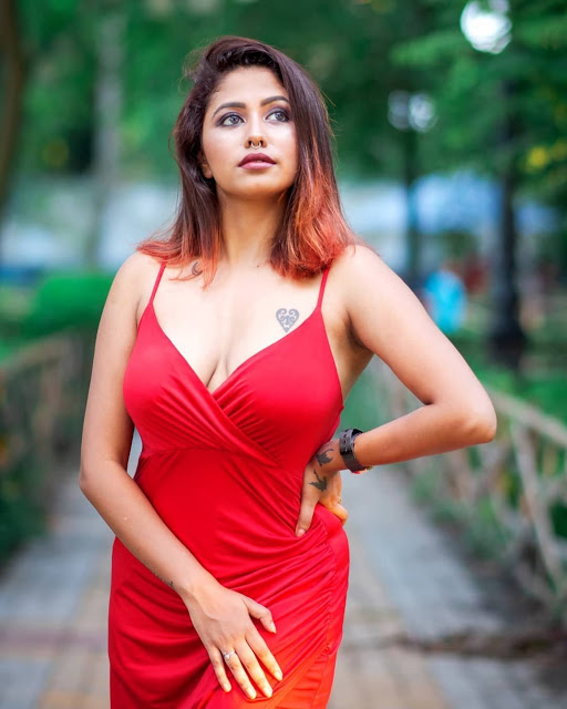 Hot Indian Model Stunning Looks In Red Short Dress 17