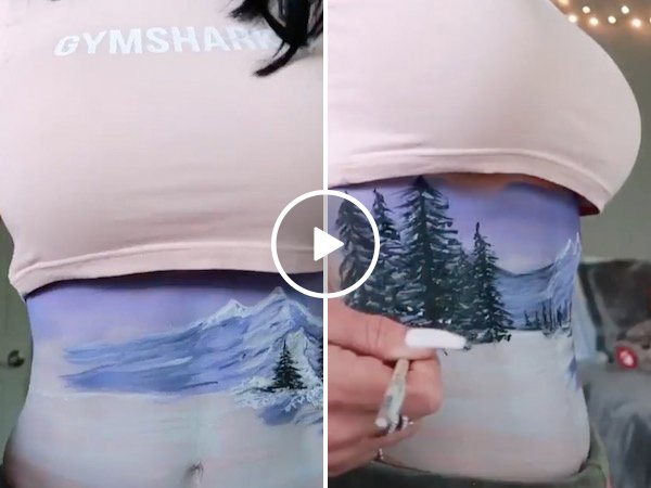 Body painting some happy little trees under some peaky mountains (Video) 1