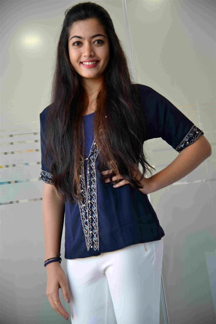 Hot Actress Rashmika Mandanna Long Hair In Blue Top Tight White Pant 1