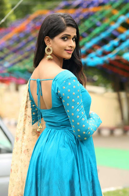 Suma Poojari Beautiful Backless Hot Latest Photoshoot in Light Blue Dress 1